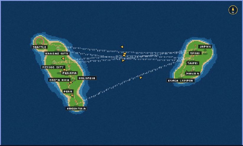 A pixel-art world map with places marked
